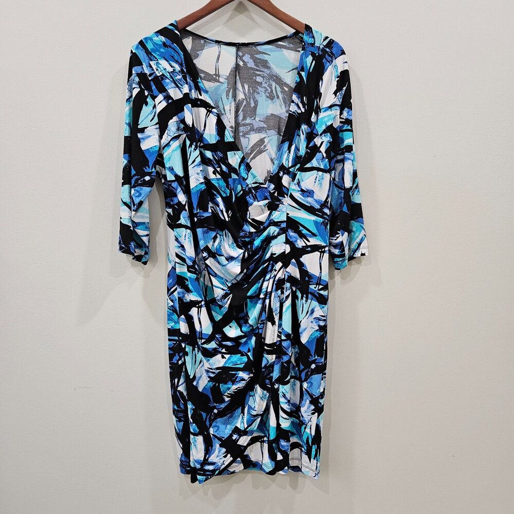 Womens Watercolor Wrap Dress Size 16 Blue Black Ruched Unique Artsy Fairy Grunge